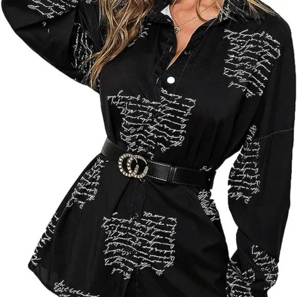 Black Script Print Shirt Dress – XXL Long Sleeve Button-Down Mini - Picture 2 of 4